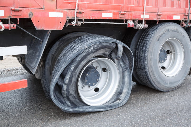 A blown out tire on a semi-truck.