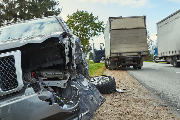 A severely damaged vehicle on the side of the road after being in an accident with a semi-truck.