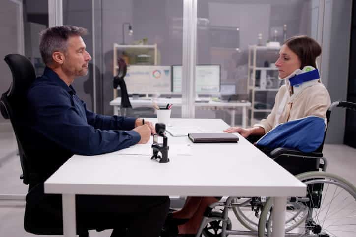 A woman in a neck brace, arm sling, and wheelchair meets with her personal injury attorney after an accident.